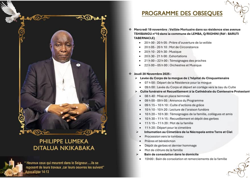 Programme des obsèques de Monsieur Philippe Lumeka Ditalua Nkikabaka